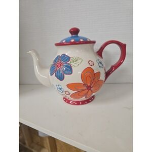 DUTCH WAX TEAPOT  8 1/2" HIGH  COASTLINE IMPORTS RED, BLUE WHITE EUC